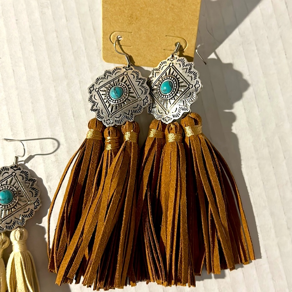 Western turquoise & leather fringe earrings set of 2 - Picture 2 of 4